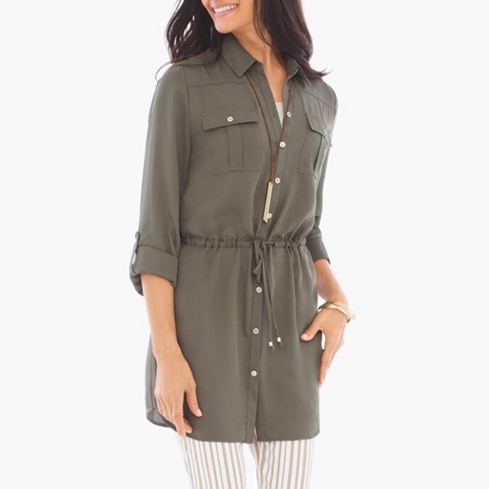 CHICO’S Green Blouse Women Size 3 XL Drawstring Waist Coat Tunic Woven Top Shirt